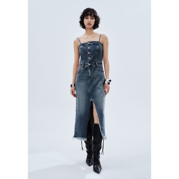 women's retro suspender denim dress